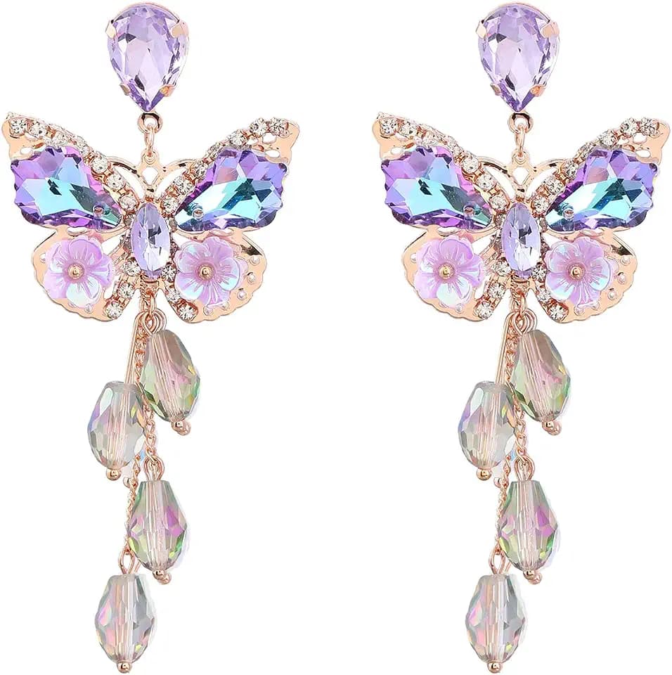 Kercisbeauty Spark Purple Crystal Butterfly with Rhinestones Tassels Dangle Earrings for Women Ladies Cute Animal Jewelry (Purple)