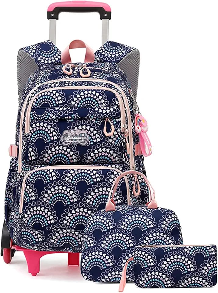 Mfikaryi 3PCS Girls Rolling Backpack Elementary Student Schoolbag Travel Trolley Bag Wheeled Bookbag with Lunch Box