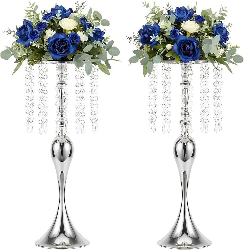 Silver Vases Centerpieces for Table - 21in Metal Flower Stand Set of 2