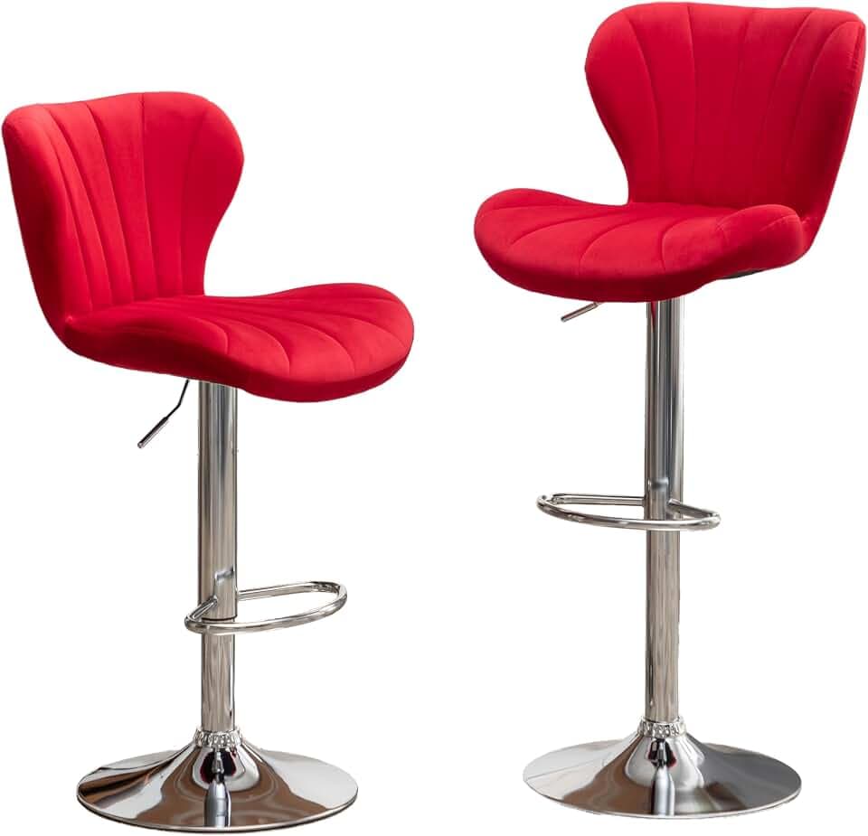 Roundhill Furniture Ellston Velvet Adjustable Swivel Barstools in Red, Set of 2