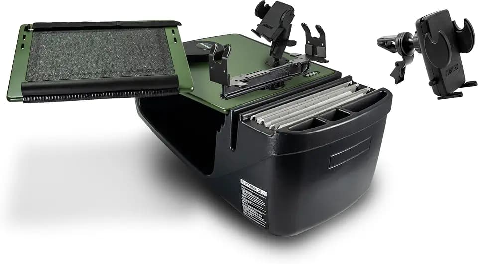AutoExec Reach Desk Front Seat Car Desk and Portable Workstation with Phone Mount, Printer Stand and Phone Vent Clip, Army Green