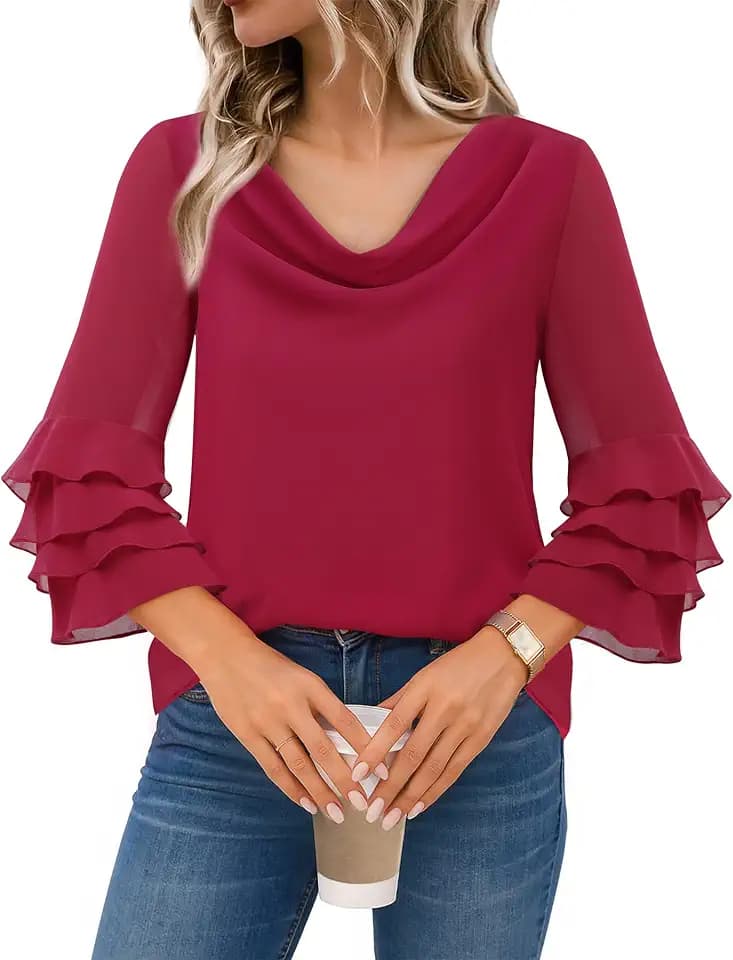 Lotusmile Cowl Neck Tops for Women Dressy Casual Fashion Ruffle Sleeve Work Shirt Elegant Chiffon Blouses