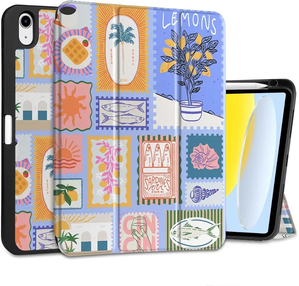 MEEgoodo Case for iPad A16 11th Generation 11 inch 2025/iPad 10th Generation 10.9 inch 2022, Tablet Cover with Trifold Stand + Pencil Holder + Auto Wake/Sleep + Soft TPU Back Cover, Summer Stamps