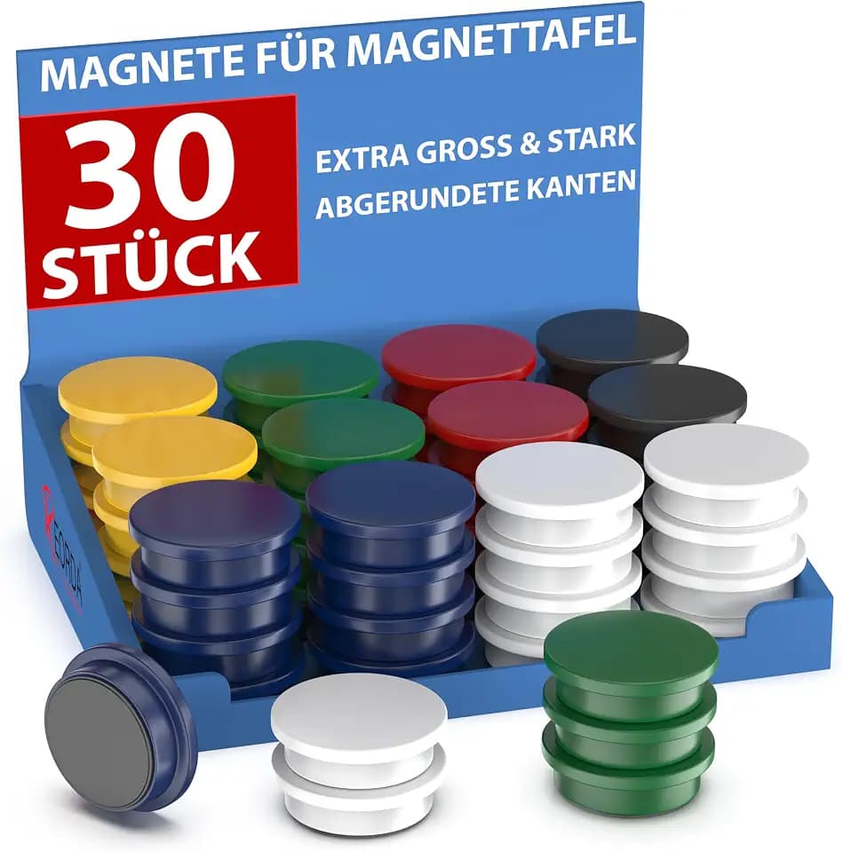 REORDA® Magnete für Magnettafel stark - 30x für Whiteboard, Pinnwand, als Kühlschrank Magnete & Tafelmagnete stark haftend, Magnete rund - Bunt