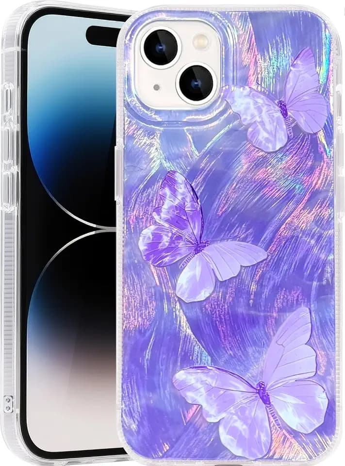 Compatible with iPhone 14&13 Case,with [Shockproof Protective][Camera Protection] Cute Butterfly Aesthetic Phone Cover Anti-Yellowing Soft Slim Cover for Women Girl-Purple