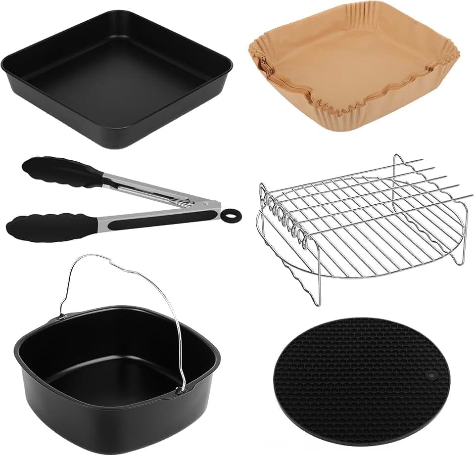 6-teiliges Heißluftfritteuse Zubehör Set für COSORI, Philips, Tefal & Cecotec Airfryer XXL, BPA-frei, 6 Pcs, Schwarz, 5.5L, Edelstahl & Silikon, 6 Stück