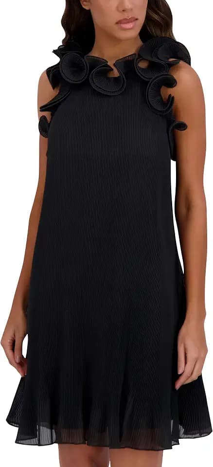 Siena Women's Sleeveless High Neck Ruffle Trim Chiffon Shift Mini Dress