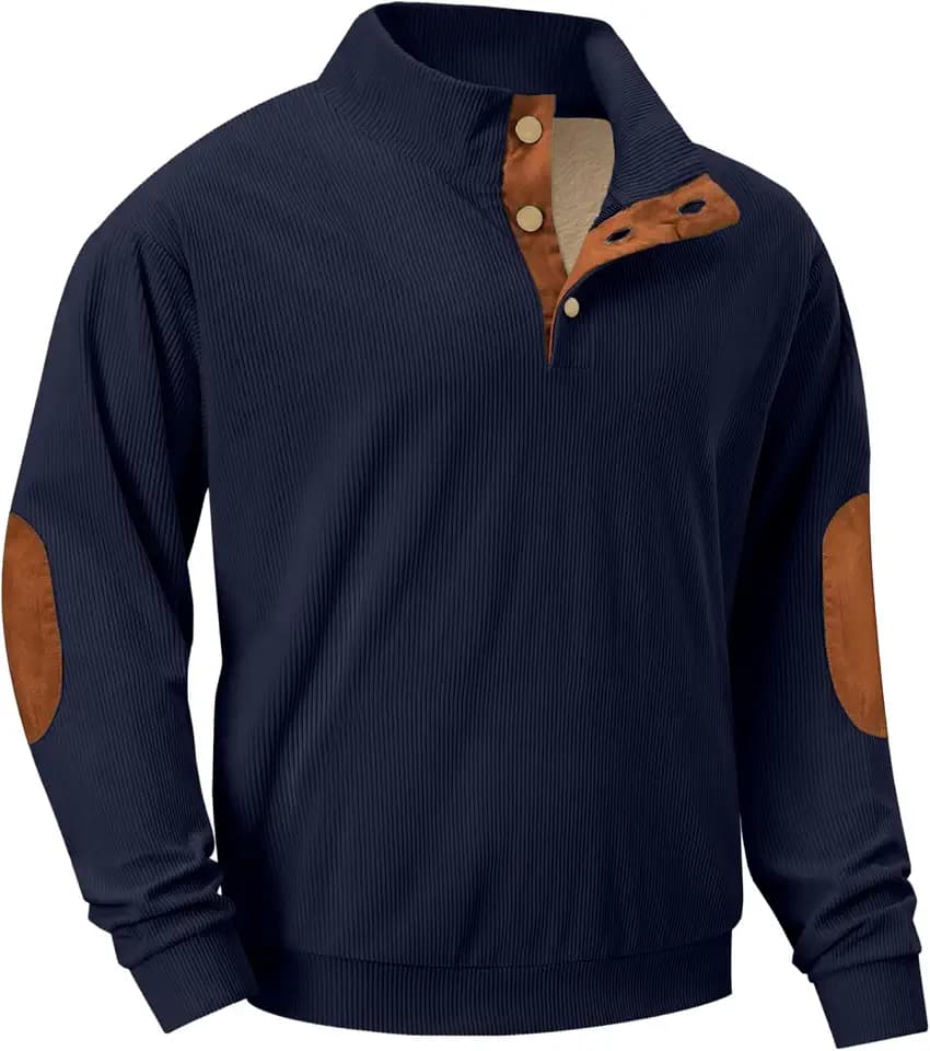 QIXING Herren Kordelstoff Pullover Fleece Gefüttert Winterpullover Mit Metallknöpfen Wildleder Ellbogenpolster Standkragen Viertelknopf