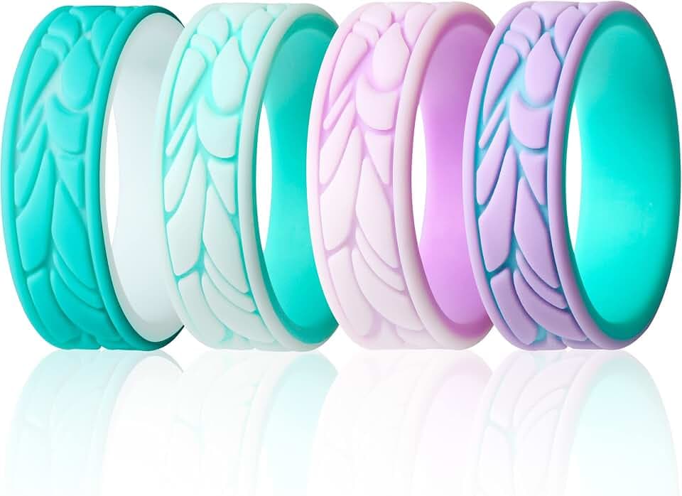 ThunderFit Silicone Rings for Women, Round Patterned Design Wedding Bands 6.8mm Wide 1.8mm Thick, Breathable Bands & Standard Inner Layers - 1/4/7 Variety Multipack