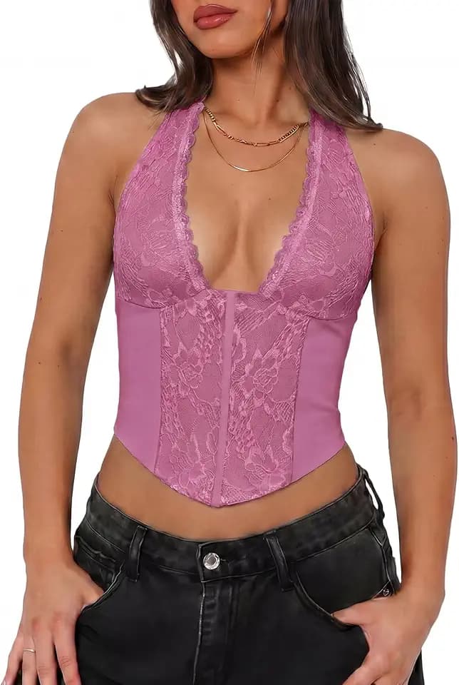 UNCOOYEE Women Sexy Lace Halter Top Backless Y2k Going Out Corset Crop Top