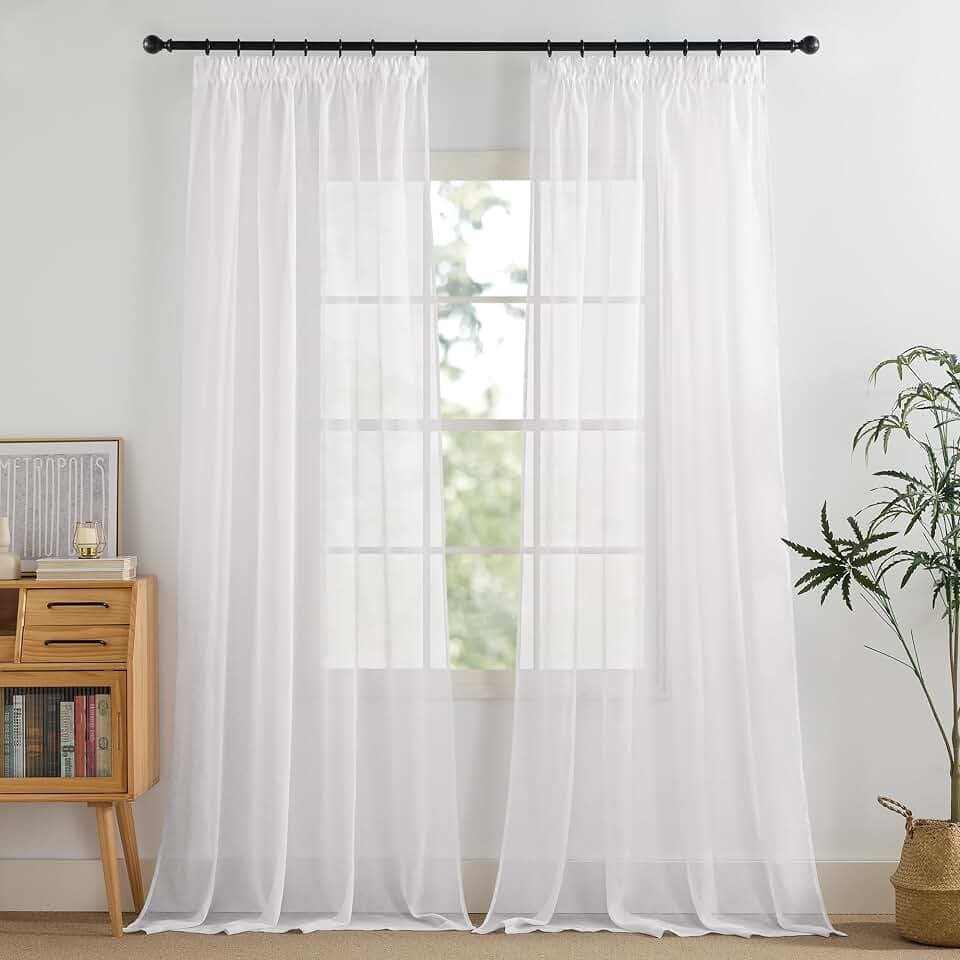PONY DANCE Vorhang 350cm Lang Kräuselband Gardinen Weiß Transparent | H350 x B140 cm,2er Set,Schienensystem Vorhang Durchsichtig für Wohnzimmer,Sheer Curtains Living Room,Sanfte Lichtfilterung