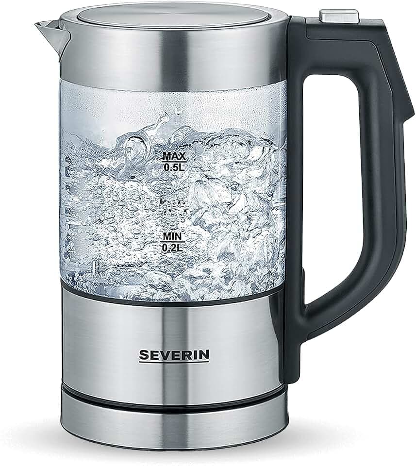 SEVERIN Digitaler Mini Glas Wasserkocher, kompakter Wasserkocher mit Temperaturauswahl, elektrisch, mit Kalkfilter, 0,5L, Edelstahl-gebürstet, Glas, schwarz, WK 3458
