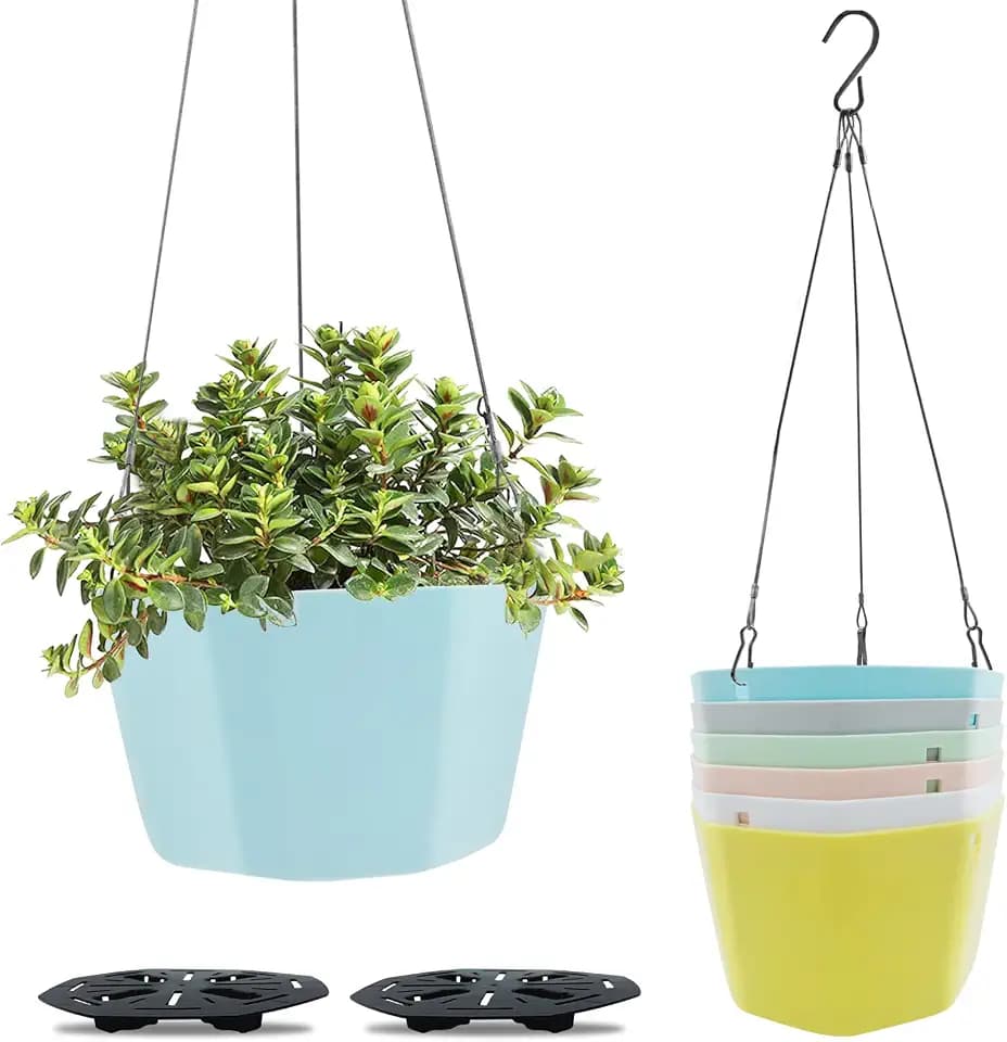 6 Stück Bunt Blumentopf Hängend Balkon Set, Kunststoff Hängende Pflanzgefäße mit Kette Haken und Ablaufloch, Pflanzentöpfe Hängend für Innen- und Außen Pflanzen Blumen Kräuter (6 Farben)