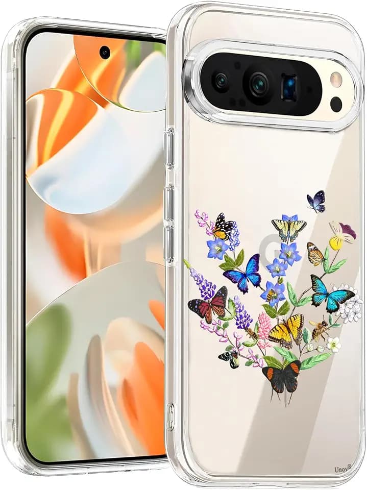 Unov Hülle für Pixel 9 Pro XL, Hülle Klar mit Motiv, Blume Schmetterling