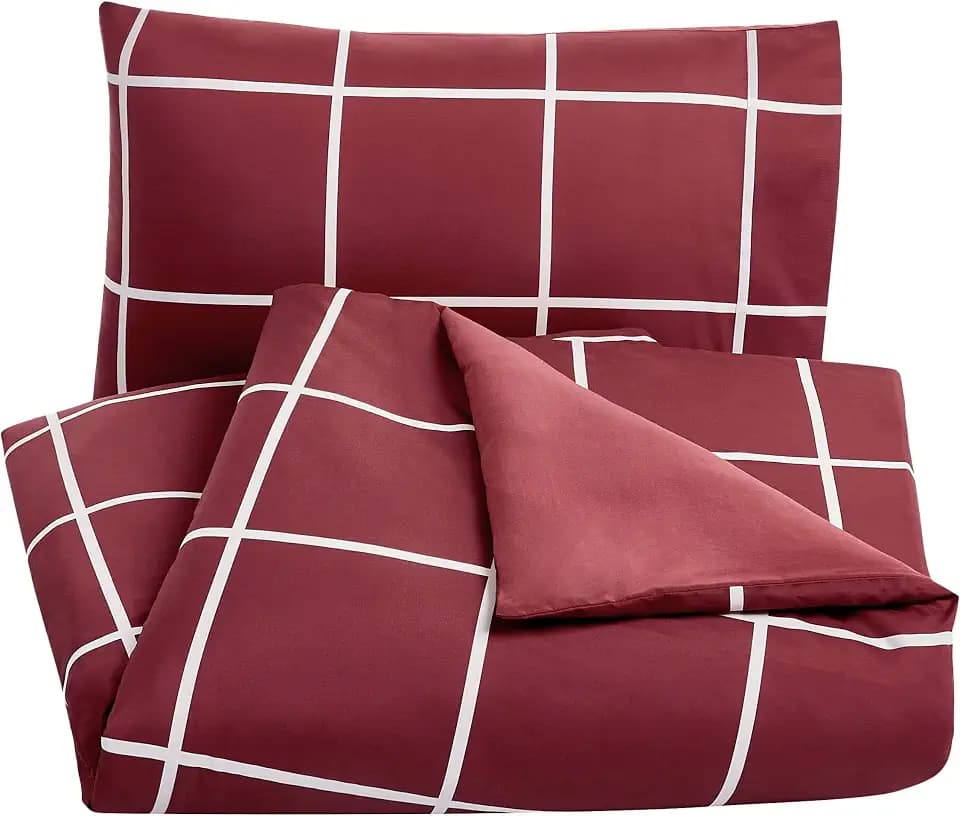 Amazon Basics - Bettwäsche-Set, Mikrofaser, 135 x 200 cm, Leicht Mikrofaser, Burgunderrot, Karo