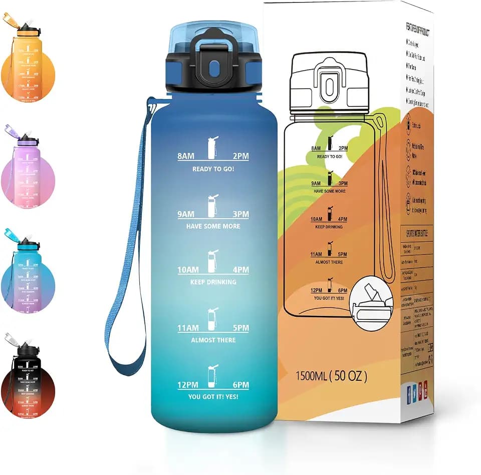 Sportflasche 1.5L, Trinkflasche Auslaufsicher mit Strohhalm, BPA-frei, Kohlensäure Geeignet, Motivierende Wasserflasche für Fitness, Schule, Fahrrad, Yoga und Camping