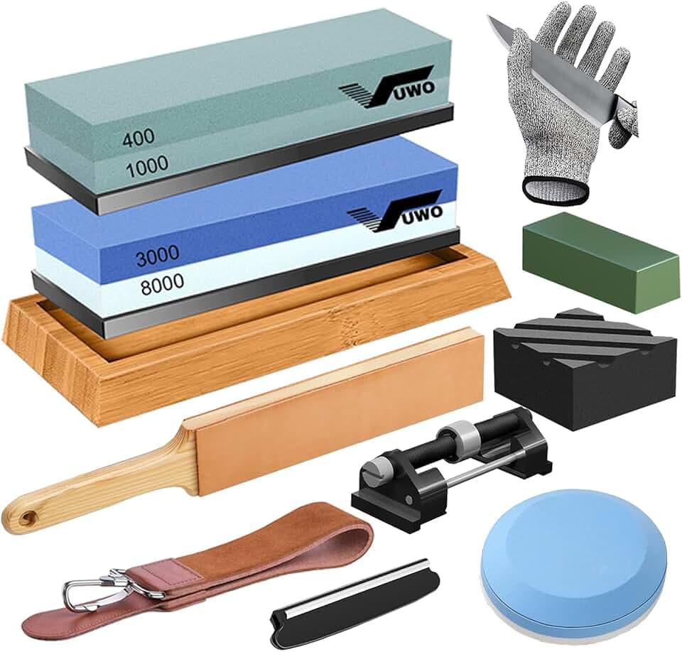 Professionelle Schleifstein Set für Messer - Wetzstein Körnung 400/1000 3000/8000 Japanischer Abziehstein mit Axt Schleifstein Abrichtstein Rutschfester Bambusbasis Winkelführung