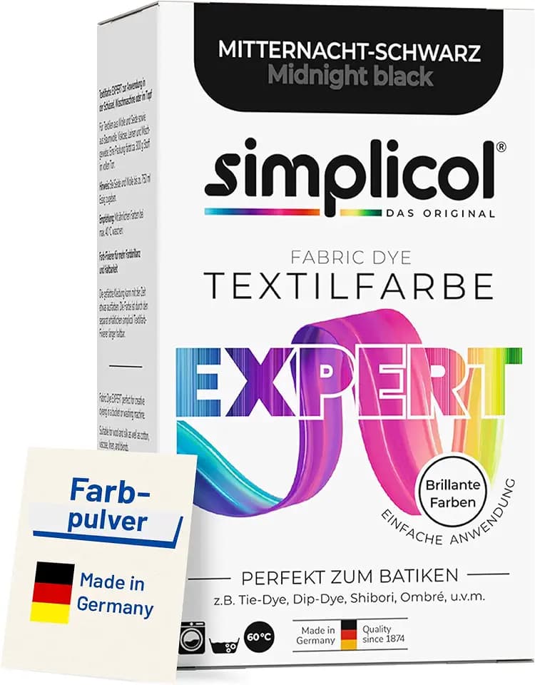simplicol Textilfarbe expert Mitternacht-Schwarz 150 g | Perfektes Färbemittel für Textilien | Stofffarben waschfest für Baumwolle, Wolle & Seide |Farbpulver ideal für Batikfarben, Tie-Dye & Upcycling