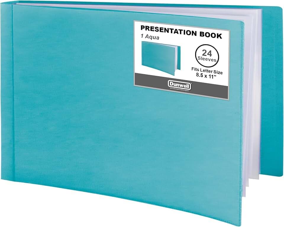 Dunwell 8.5x11 Portfolio Binder, Horizontal, Aqua, 24 Pockets, Poly