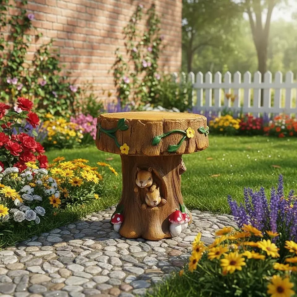 GDFStudio 12.6" Resin Squirrel Garden Stool, Tree Stump Shaped Decorative Chair & Side Table, Unique Indoor Outdoor Accent for Patio Garden Terrace Backyard
