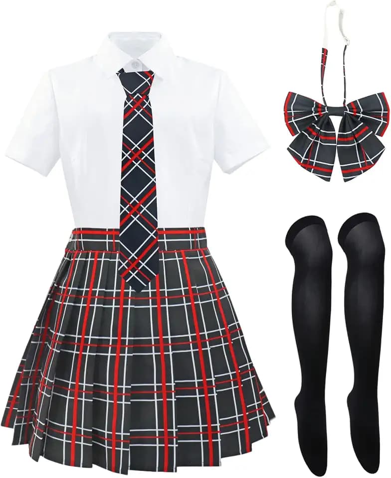 Schoolgirl Outfit for Women Japanese Uniform Set Plaid Skirt Cosplay Sailor Costume with Bow Tie Socks 5 PCS US Size