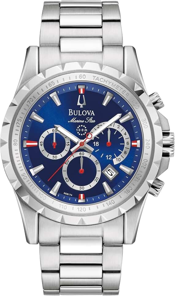 Bulova Men’s Marine Star 6-Hand Quartz Chronograph Stainless Steel Watch, Blue Dial, Tachymeter, 100M Water Resistant Style: 96B174