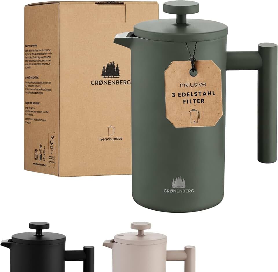 Groenenberg French Press Forest (grün) 600 ml o. 1 Liter I Hochwertige Kaffeepresse mit Thermo Warmhalte-Funktion I Edelstahl Kaffeebereiter