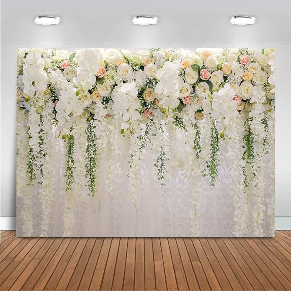 Mocsicka Wedding Flower Backdrop Wall Floral Bridal Shower Backdrops for Photoshoot Wedding Decoration for Reception White Rose Floral Photography Background Banner(7x5ft)