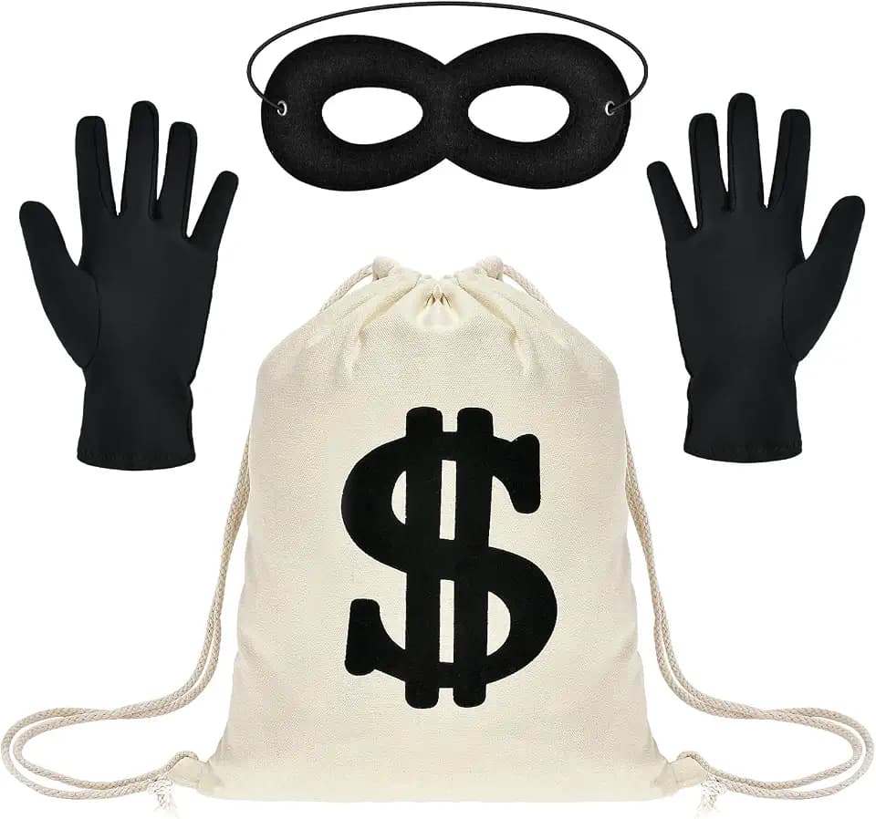 3 Stück Räuber Kostüm Set, mit Baumwollhandschuhe Schwarz, Bankräuber Maske, Geldsack Räuber, Dieb Kostüm Kinder, Karneval Kostüm Zubehör für Erwachsene und Kinder Halloween Dress Up Cosplay Party (B)