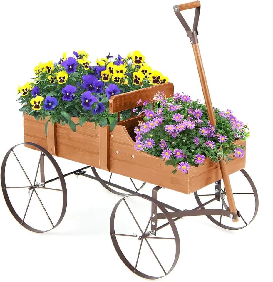 FANTASK Blumenständer Holzwagen, Pflanzwagen Blumenwagen mit Rädern aus Metall 62x34x60cm (Orange)