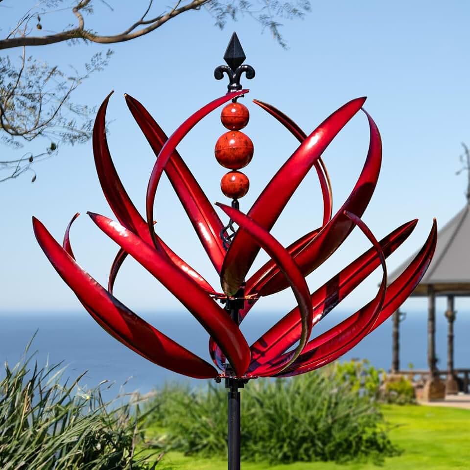 LimeHill Windspiel für Garten und Hof – Große kinetische Windskulpturen aus Metall für Outdoor-Dekor (230 cm, Burgunderroter Lotus)