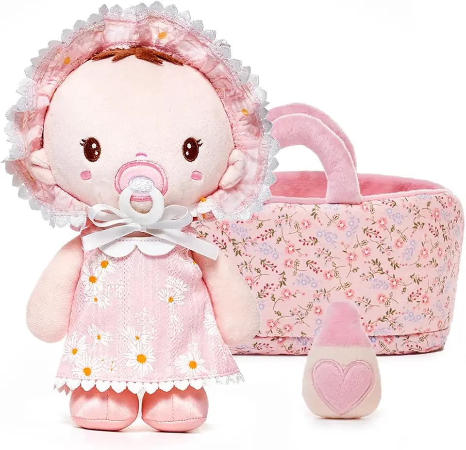 LeyaDoll Weiche Babypuppe Geschenkset – Erste Babypuppe mit Zubehör,Kuschelpuppe & Einschlafbegleiter aus Plüsch,Mini Puppenset Rosa für Mädchen (23 cm)-Daisy Baby