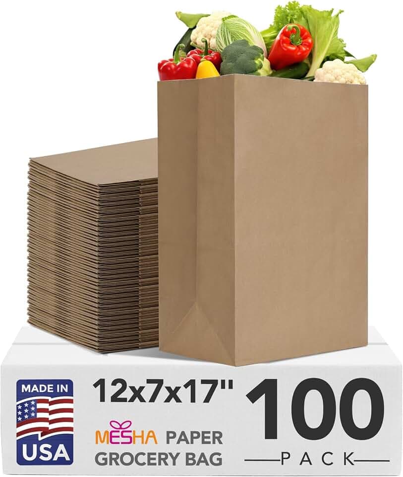 MESHA Paper Grocery Bags 12 x 7 x 17 Inches 100 Pack Bulk 60 Lbs Basis