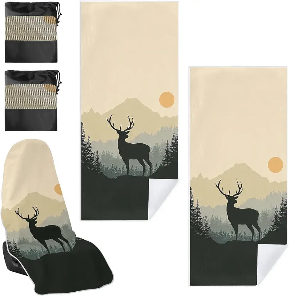 2 Pack Car Towel Seat Covers with Storage Bag, Multifunctional Towel for Gym Outdoor Sport, Picnic, Beach, Pet Dog Travel,Non-Slip Washable Car Seat Protector (Elk and the Sun)