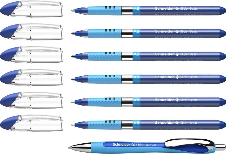 Schneider 151277 Slider Basic XB 6 Stück und 1x Slider Rave XB Kugelschreiber mit Etui, Schreibfarbe blau
