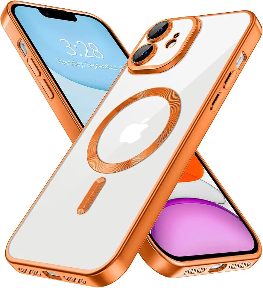 Hython Magnetic Clear for iPhone 11 Case with Camera Lens Protector [Compatible with MagSafe] Luxury Plating Edge Slim Soft TPU Cover Protective Phone Case for iPhone 11 6.1", Matte Orange