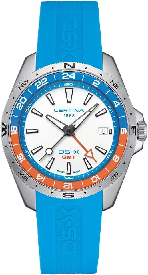 Certina,Mens,DS-X GMTQuartz,Stainless Steel,41.2mmWatch,White,Rubber,C0474521701100