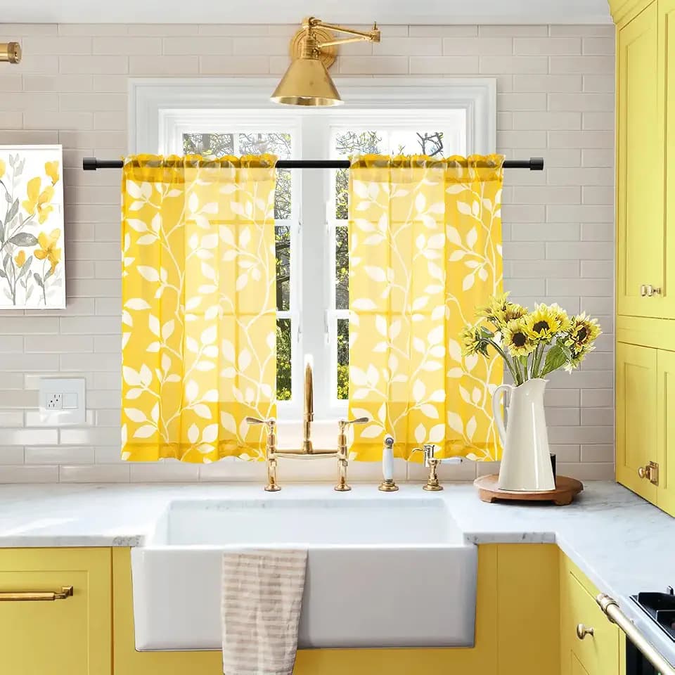 XTMYI Yellow Cafe Kitchen Curtains 36 Inch Length,Floral Sunflower Decor Tier Curtains Sets for Windows,Bright Lemon Yellow and White