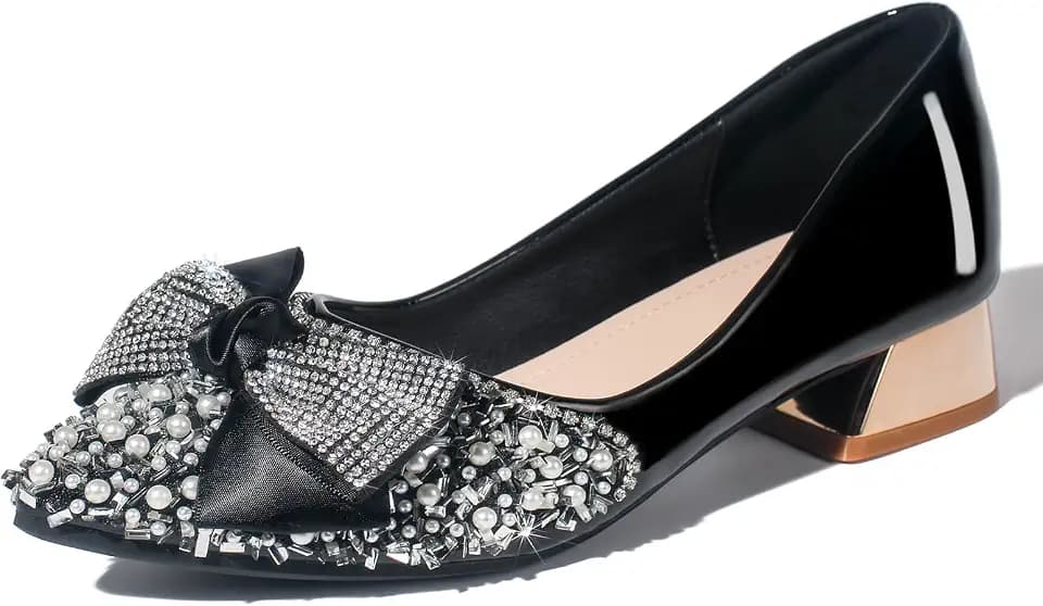 Women's Pumps, Closed Toe Chunky Heels for Women Pointed Toe Rhinestones Bridal Party Dressy Shoes Comfortable Work Pumps Shoes for Office