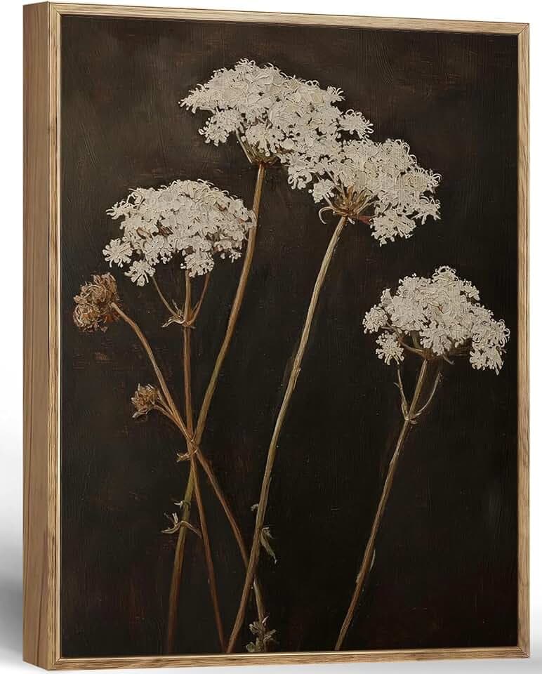 Vintage Canvas Wall Art White Flowers Wall Decor Landscape Country Wildflowers Painting Farmhouse Picture Modern Print Rustic Floral Prints Living Room Bedroom Bathroom 12x16 Inch Framed