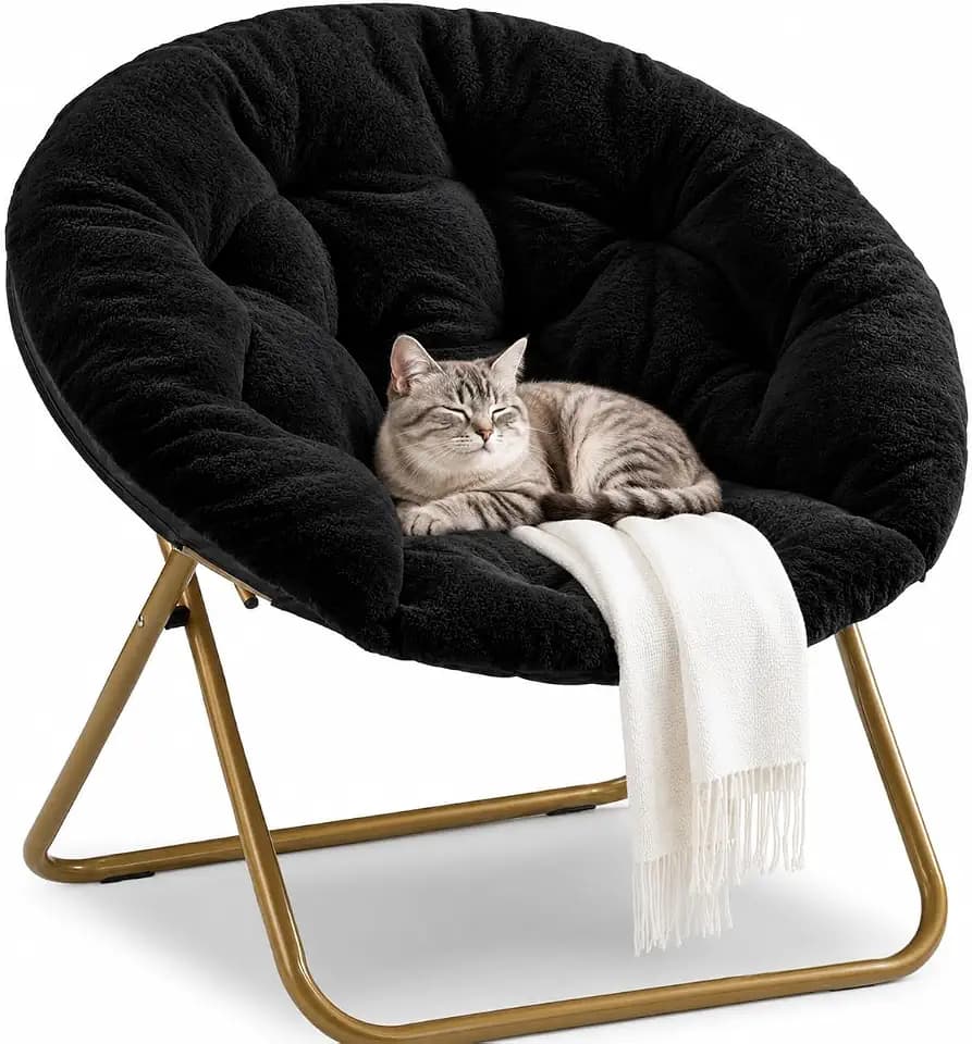 HealSmart Saucer Chair, Comfy Faux Fur Chair for Bedroom, Saucer Chairs for Adults, Teens, Round Shaped Moon Chair with Foldable Metal Frame, Black