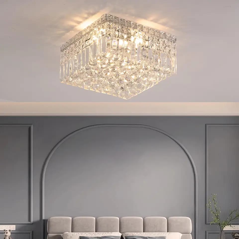 13.7" Modern Crystal Chandelier, 4-Light Chrome Crystal Flush Mount Chandelier, K9 Square Luxury Ceiling Lights Raindrop Chandeliers Light Fixture for Dining Room Entryway Foyer Bedroom Kitchen