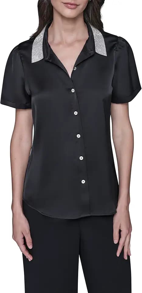 Karl Lagerfeld Women's Short Sleeve Collared Neck Crystal Collar Elevated Button Down