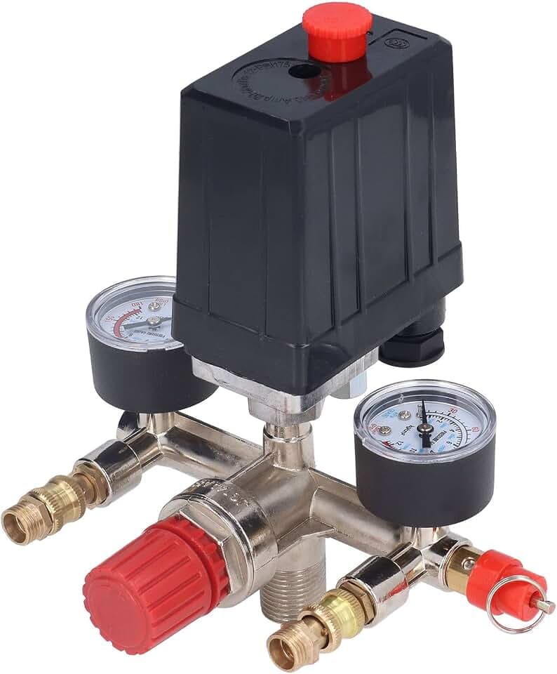 90-120PSI Adjustable Air Compressor Pressure Valve Kit with Switch, Regulator and 2 Gauges for Easy Control and Clear Display 0-180 PSI Range