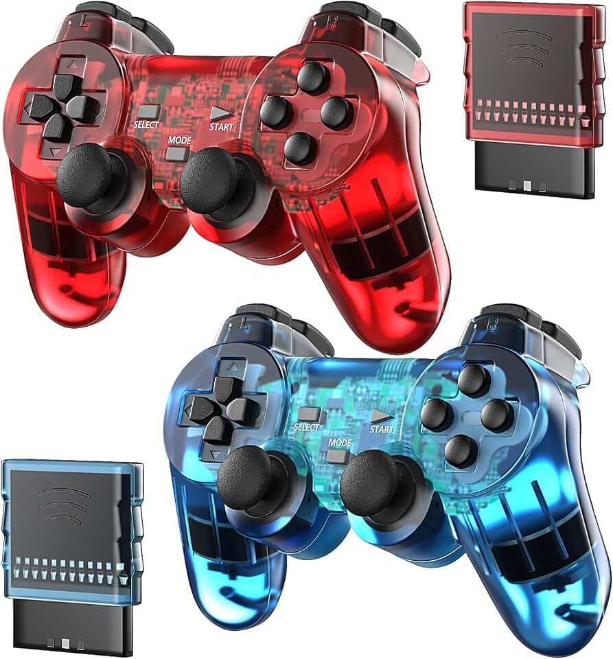 Degulan Wireless Controller Compatible with PS-2 Console, Remote Gamepad for Play 2 (ClearRed and ClearBlue)