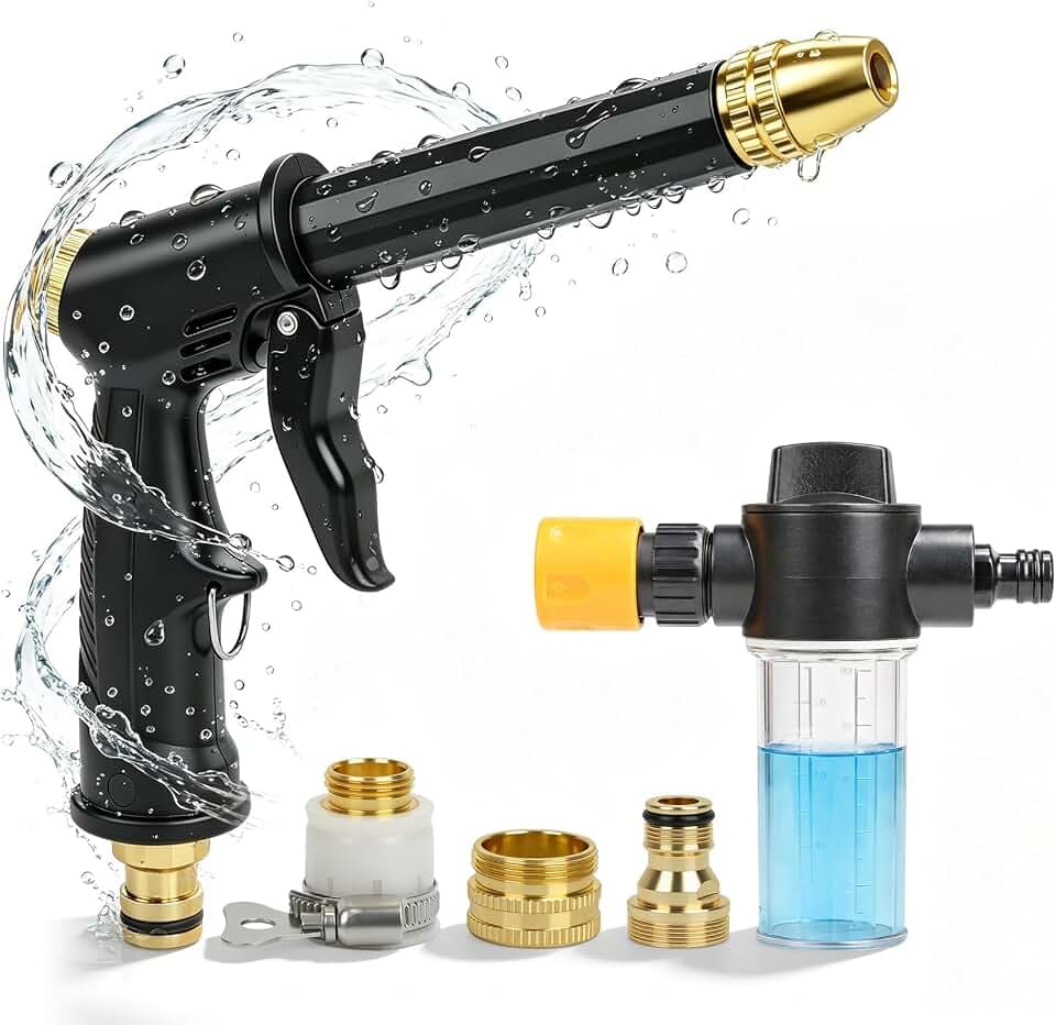High pressure hose nozzle - Upgraded Garden Hose Sprayer - Car Wash Water Gun with Adjustable Booster Nozzle - power washer hose attachment for Patio Cleaning, Plant Watering & Pet Washing