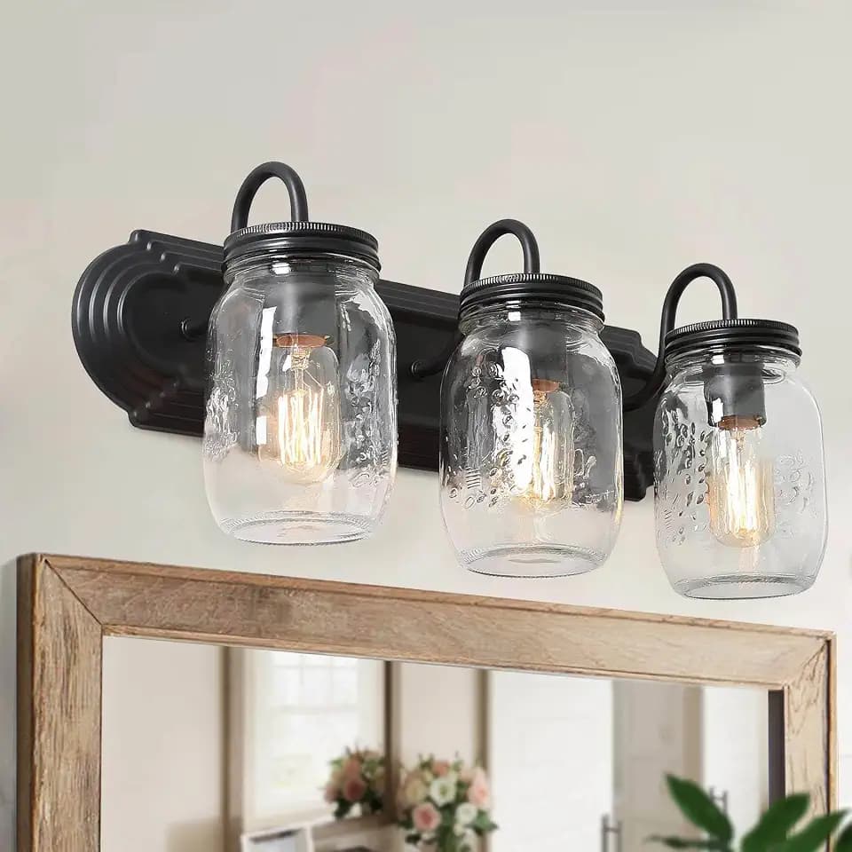 LALUZ Bathroom Vanity Light Fixtures, 3-Light Black Mason Jar Vanity Lights for Bathroom, 19'' Farmhouse Bathroom Lights Over Mirror