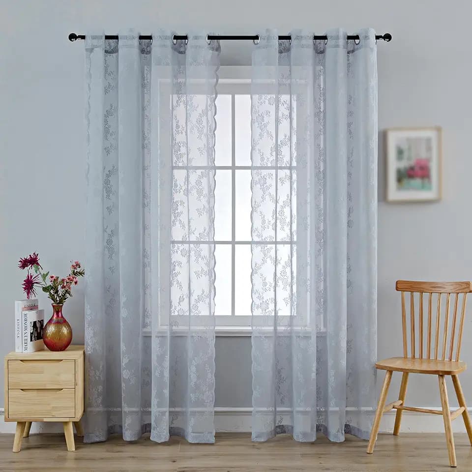 Anytime Grey Lace Sheer Curtain Panels for Living Room Elegant Window Treatment Sets Light Filtering Translucent Draperies for Office (2 Panels,W55 x L84inch)