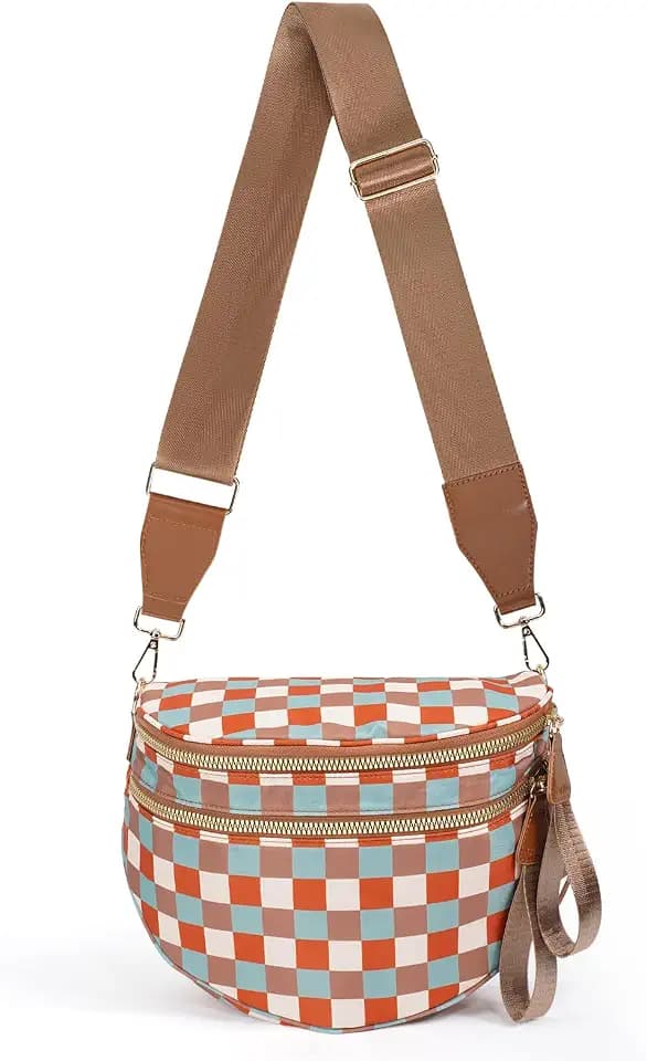 Checkered Crossbody Bag Nylon Bum Bags for Women Spacious Handbags Plus Size Sling Bag for Women