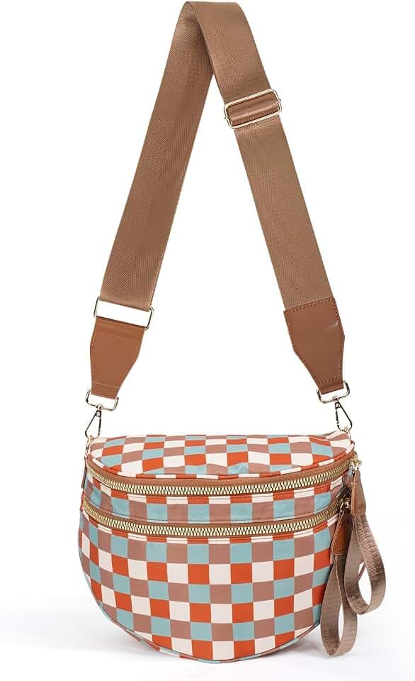 Crossbody Bags for Women, Spacious Nylon Belt Purse Fanny Packs, Crescent Oversized Checkered Bum Bag (Checkered - Brown Blue)